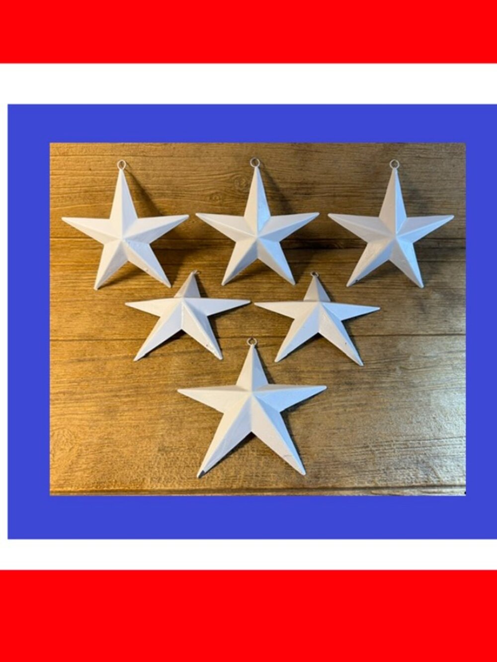 Six (6) White Painted Tin Star with Hanging Loop 6 3/4" by 6 3/4" Six (6) 16006B